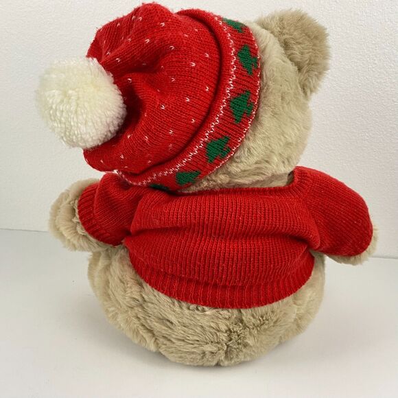 14" Vintage Tan CHRISTMAS TEDDY BEAR Stuffed Animal Plush Brown Windsor Toys Hat - Picture 2 of 11